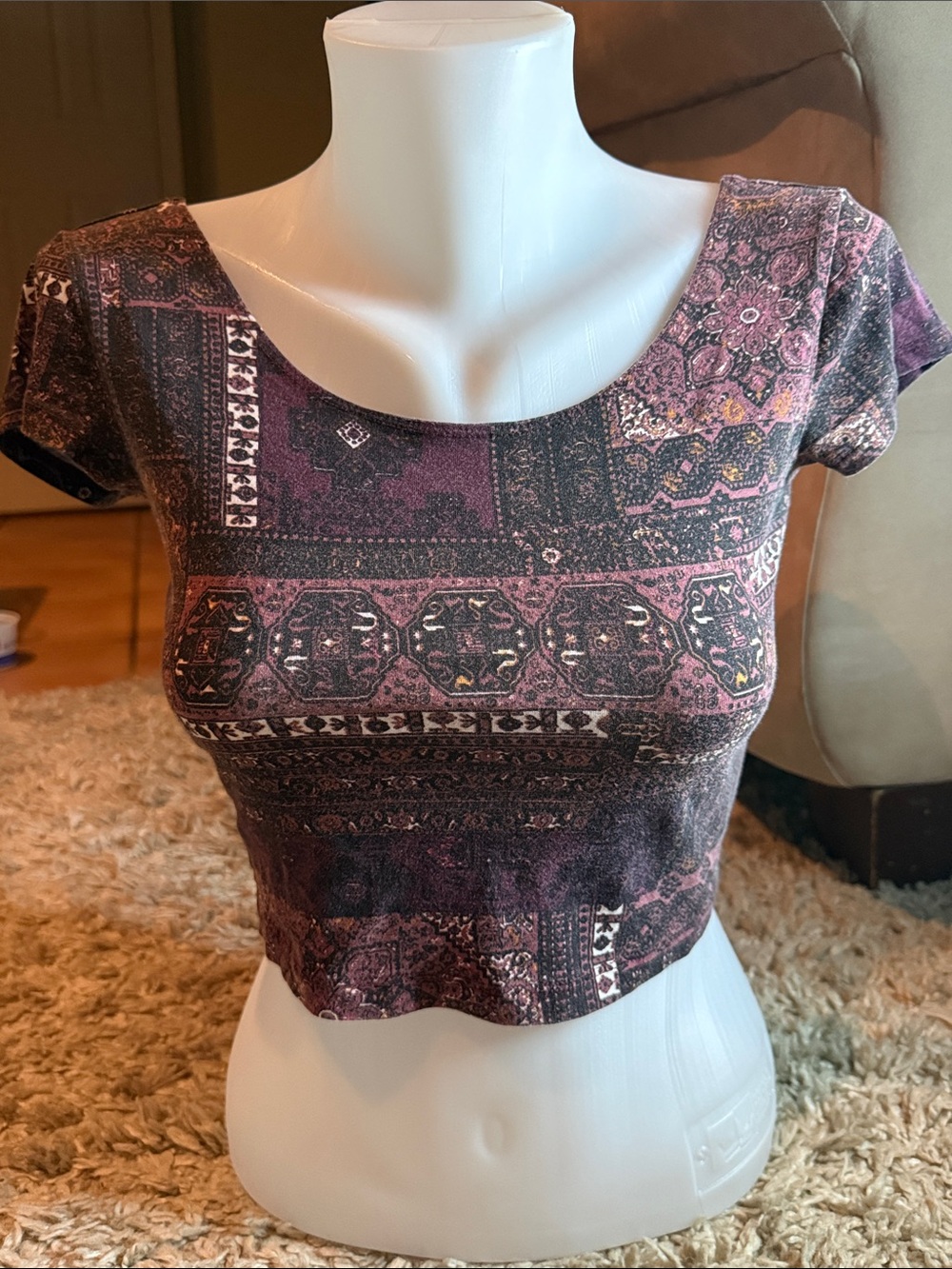 3 For $25 Garage Y2K Burgundy Patchwork Paisley Scoop Neck Crop Top